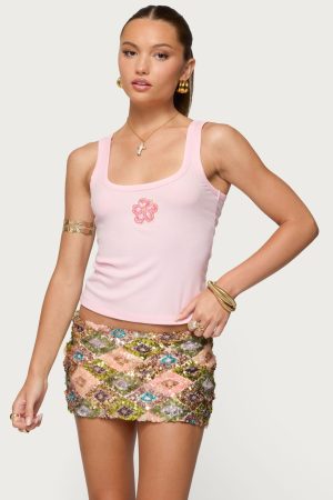 Steffy Beaded Flower Ribbed Top