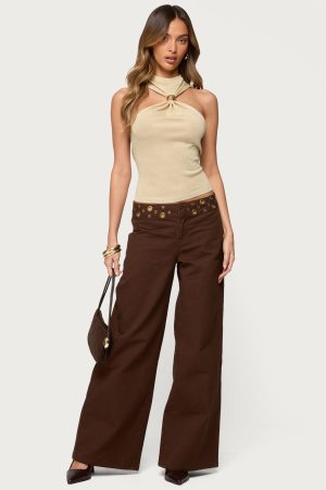 Mixed Grommet Low Rise Wide Leg Jeans