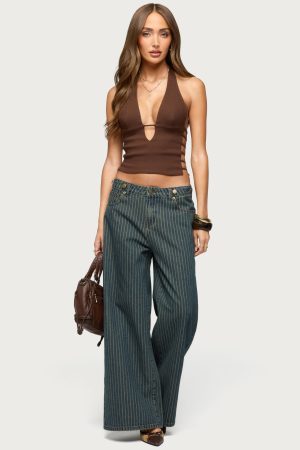 Button Pinstripe Low Rise Baggy Jeans