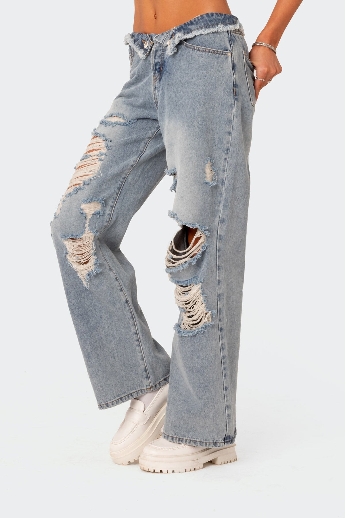 Distressed Fold Over Low Rise Wide Leg Jeans - Image 4