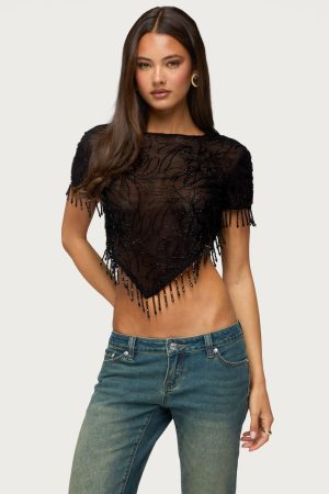 Yanna Beaded Fringe Poncho Top