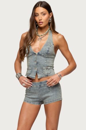 Sashe Button Up Denim Halter Top