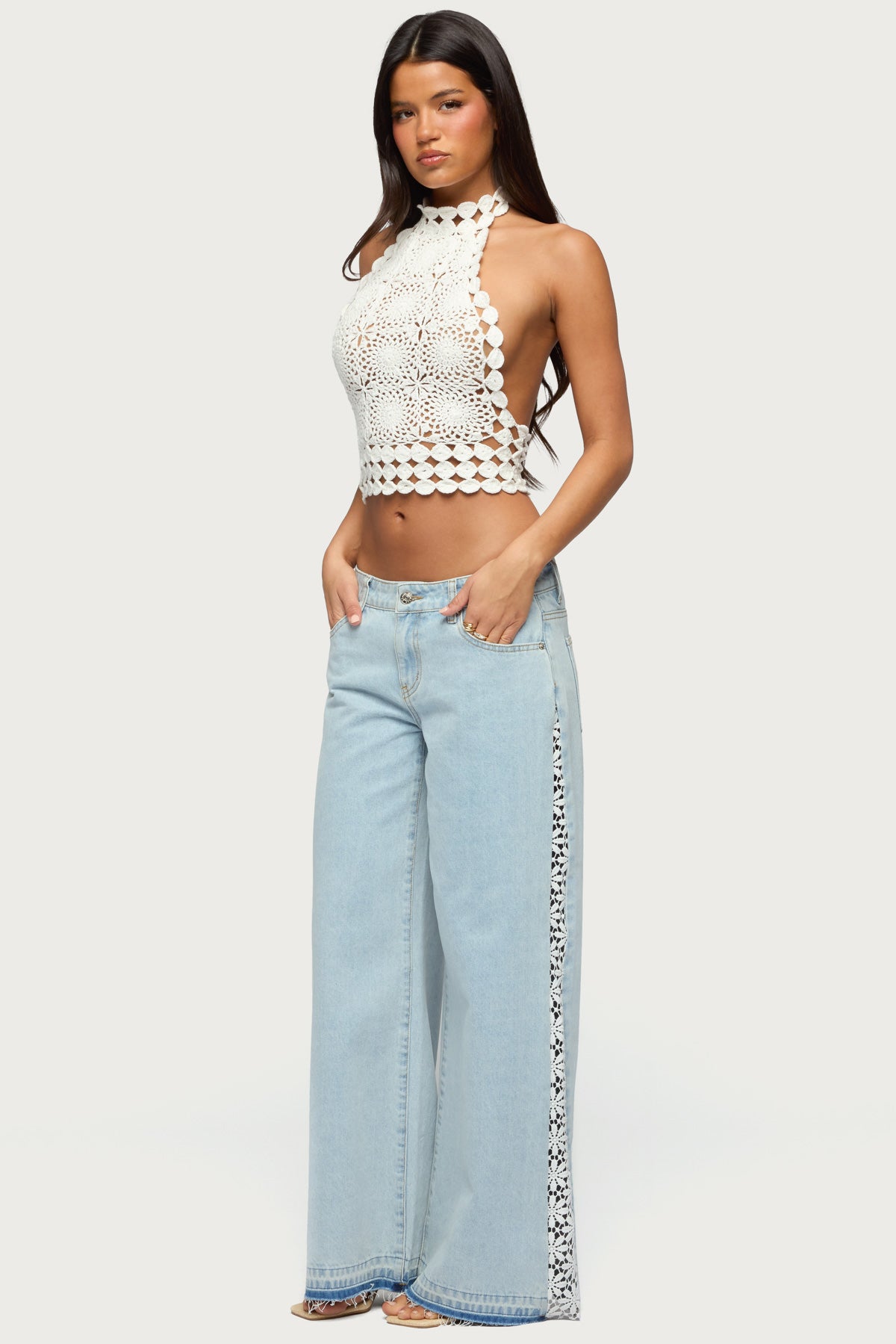 Crochet Panel Low Rise Wide Leg Jeans - Image 4