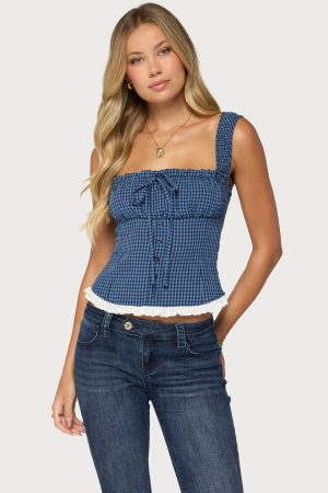 Zeffie Textured Gingham Tie Front Top