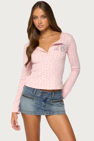 76 Rhinestone Floral Henley Top
